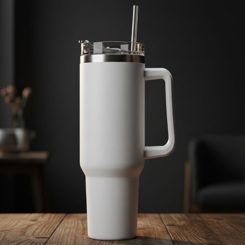 White Insulated Stainless Steel Tumbler with Handle & Straw