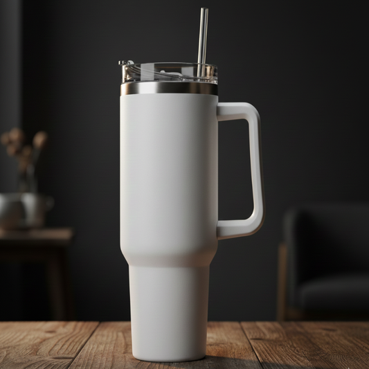 White Insulated Stainless Steel Tumbler with Handle & Straw